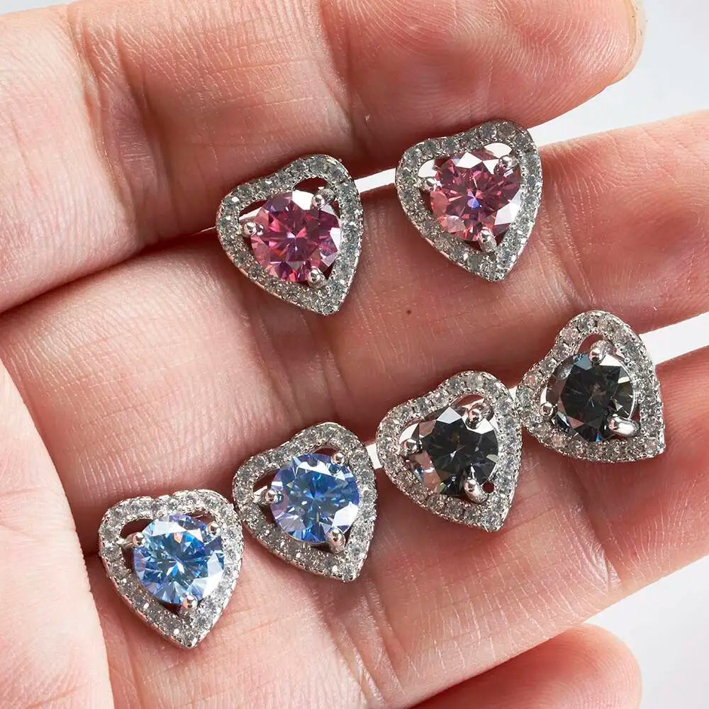 Moissanite Heart Halo Stud Earrings in Sterling Silver — Pink blue and gray stone options — BandsCo Straps