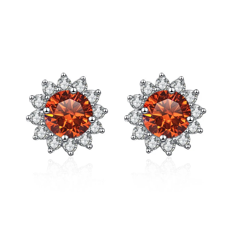 Colored Sunflower Halo Moissanite Stud Earrings in Silver — Orange