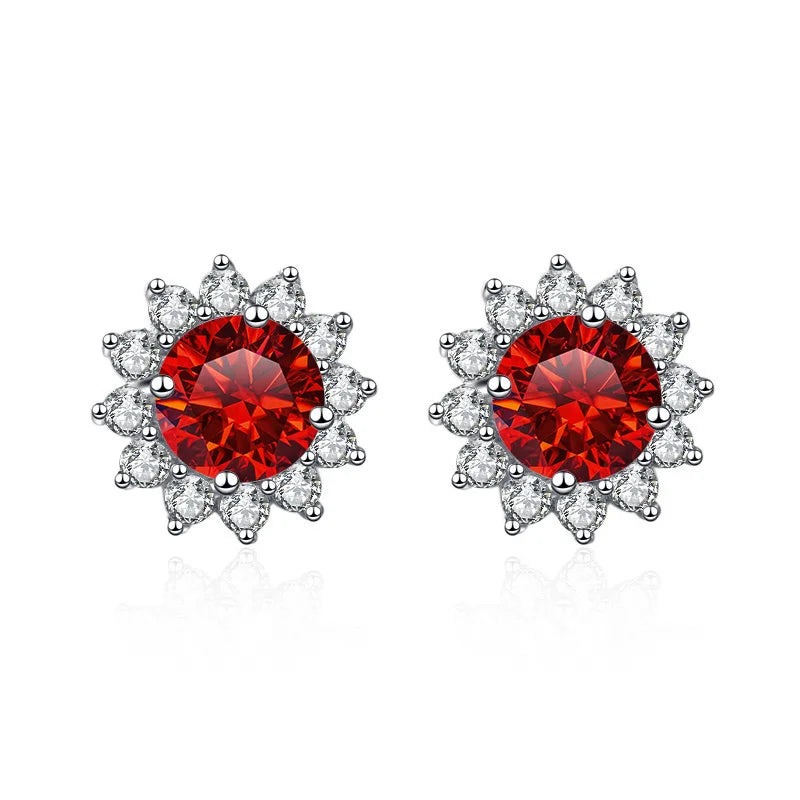 Colored Sunflower Halo Moissanite Stud Earrings in Silver — Red