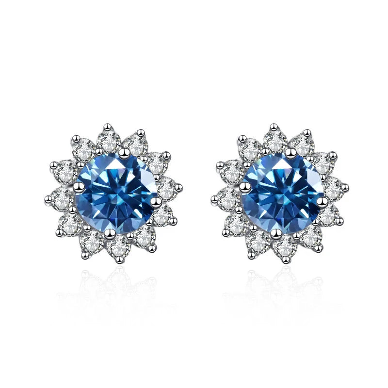 Colored Sunflower Halo Moissanite Stud Earrings in Silver — Royal blue
