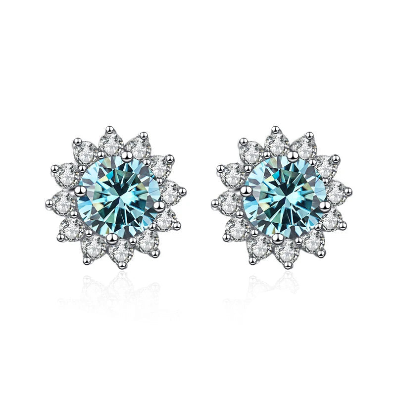 Colored Sunflower Halo Moissanite Stud Earrings in Silver — Blue sunflower fronts