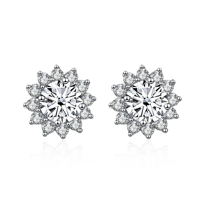 Colored Sunflower Halo Moissanite Stud Earrings in Silver — White cut example