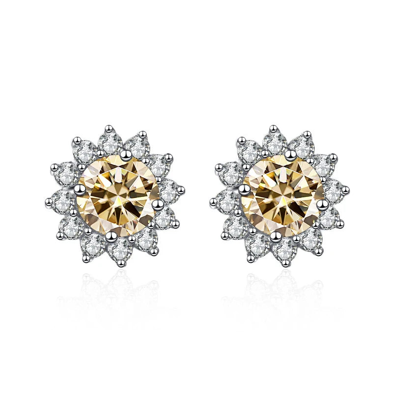 Colored Sunflower Halo Moissanite Stud Earrings in Silver — Light yellow