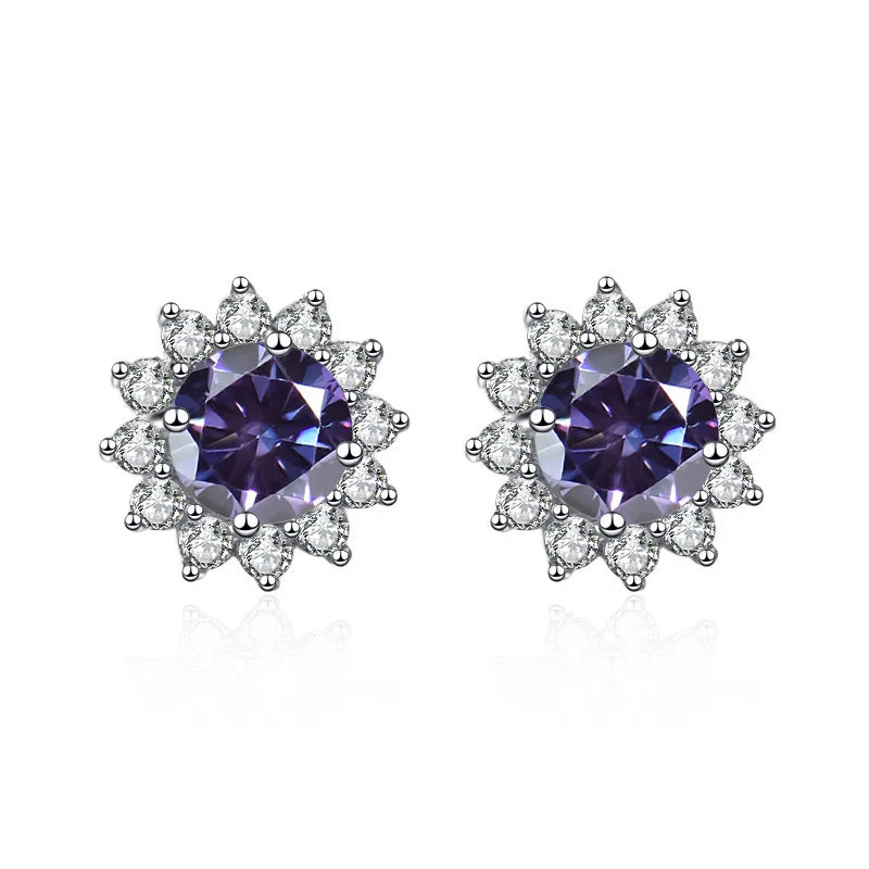 Colored Sunflower Halo Moissanite Stud Earrings in Silver — Violet