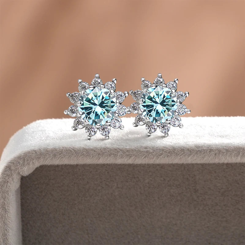 Colored Sunflower Halo Moissanite Stud Earrings in Silver — Blue display detail