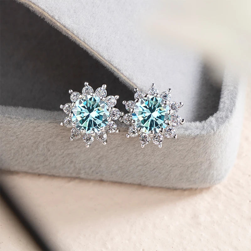 Colored Sunflower Halo Moissanite Stud Earrings in Silver — Blue pair in box