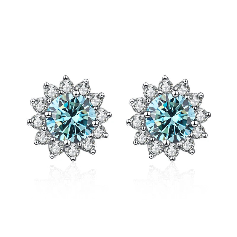 Colored Sunflower Halo Moissanite Stud Earrings in Silver — Blue