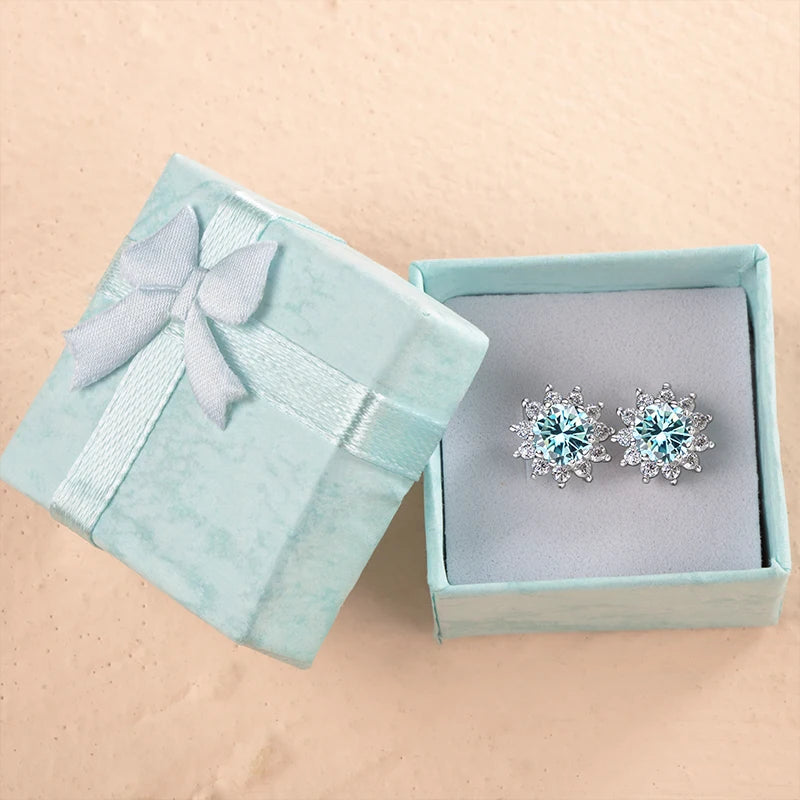 Colored Sunflower Halo Moissanite Stud Earrings in Silver — Blue pair in box