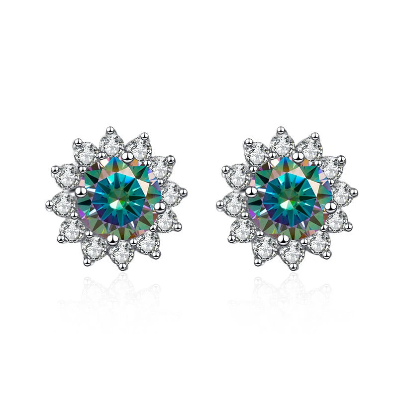 Colored Sunflower Halo Moissanite Stud Earrings in Silver — Multicolor green