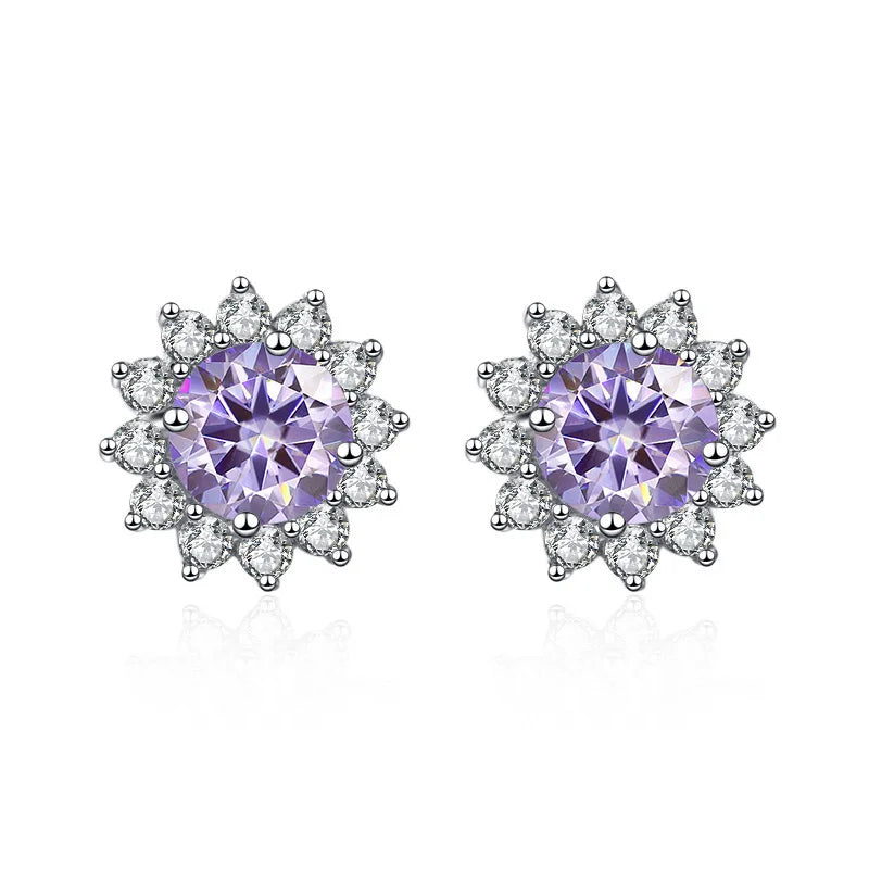 Colored Sunflower Halo Moissanite Stud Earrings in Silver — Light purple
