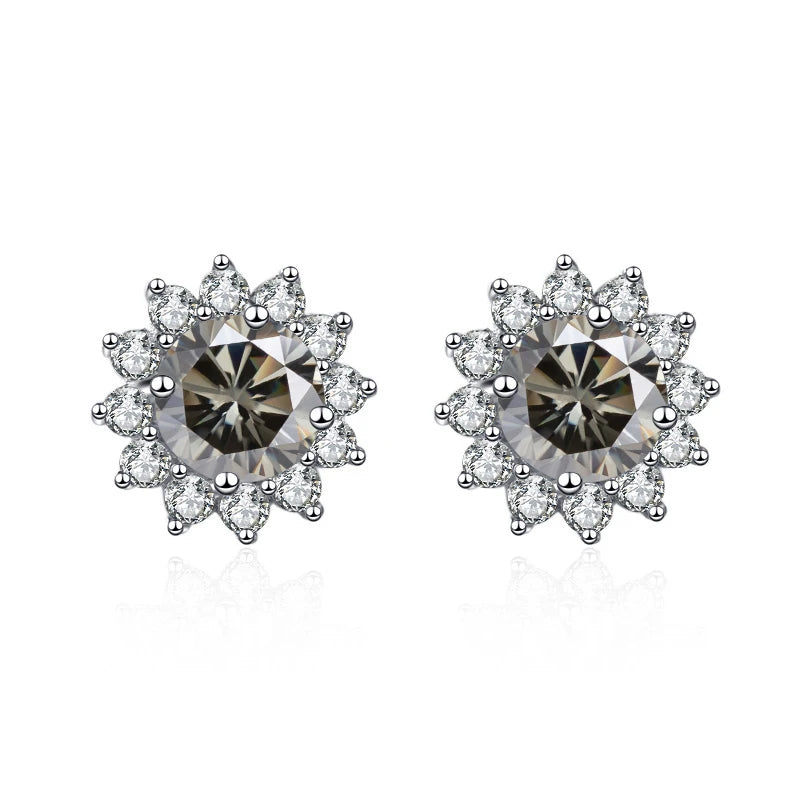 Colored Sunflower Halo Moissanite Stud Earrings in Silver — Gray