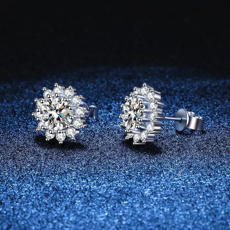 Colored Sunflower Halo Moissanite Stud Earrings in Silver — White front and back