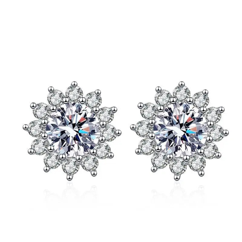 Colored Sunflower Halo Moissanite Stud Earrings in Silver — White design example