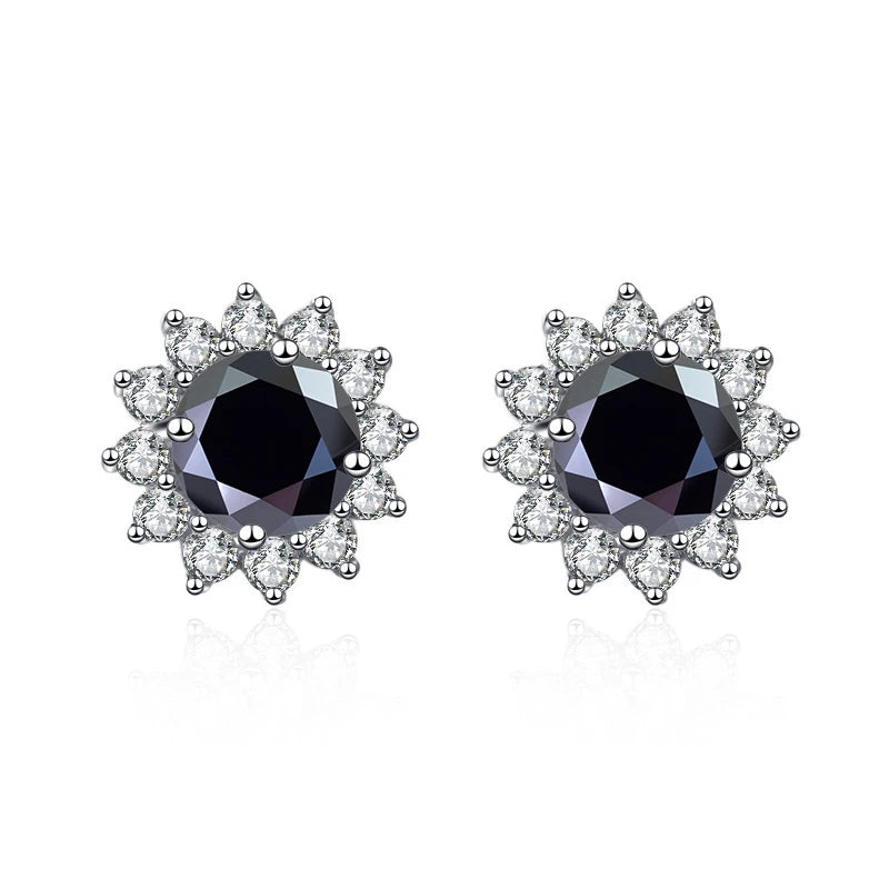Colored Sunflower Halo Moissanite Stud Earrings in Silver — Black