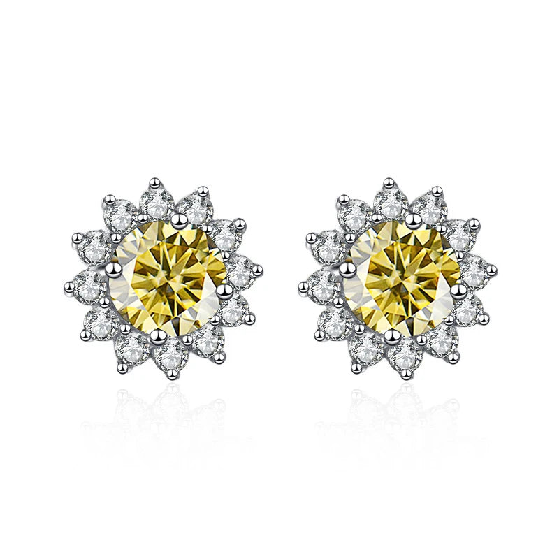 Colored Sunflower Halo Moissanite Stud Earrings in Silver — Lemon yellow