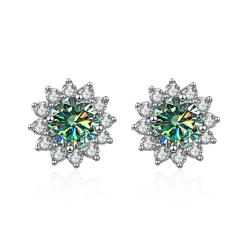 Colored Sunflower Halo Moissanite Stud Earrings in Silver — Blue green