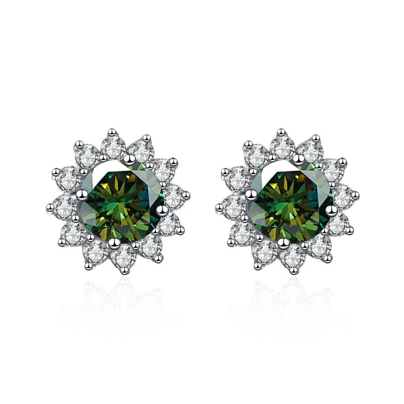 Colored Sunflower Halo Moissanite Stud Earrings in Silver — Dark green