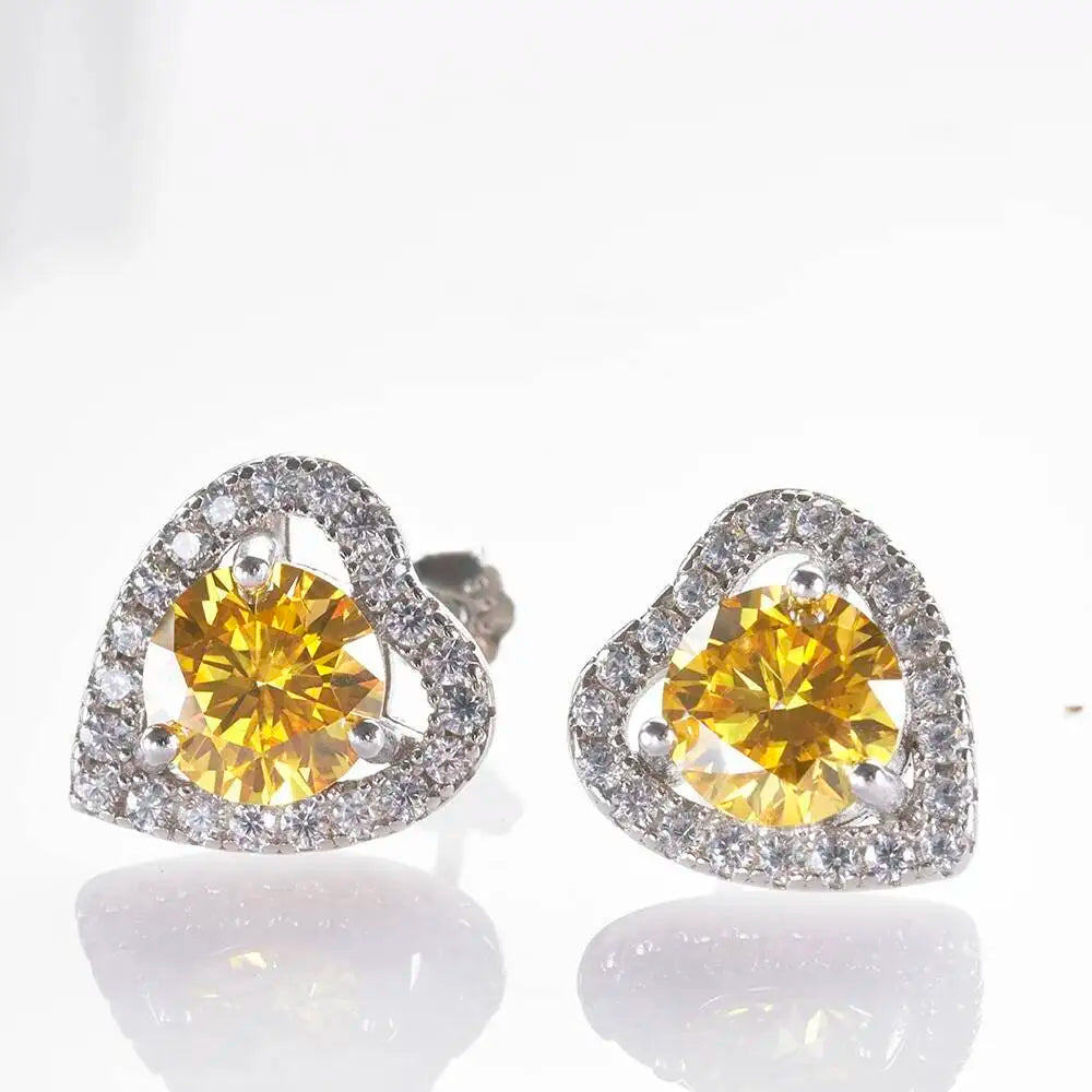 Moissanite Heart Halo Stud Earrings in Sterling Silver — Golden Yellow — BandsCo Straps