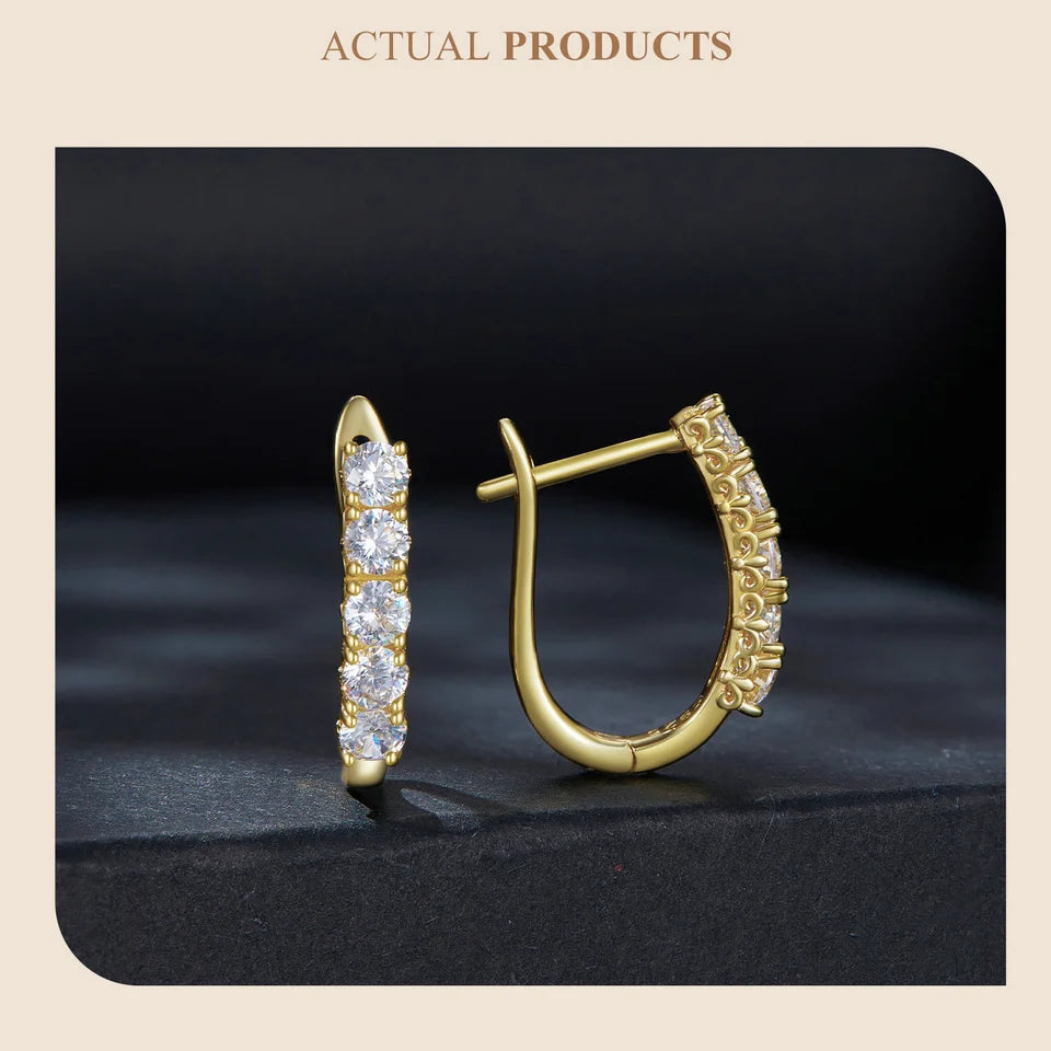 Five-Stone U-Shaped Moissanite Hoop Earrings in Silver - Gold-tone pair on dark background