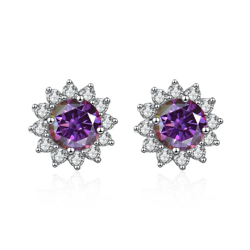 Colored Sunflower Halo Moissanite Stud Earrings in Silver — Purplish red