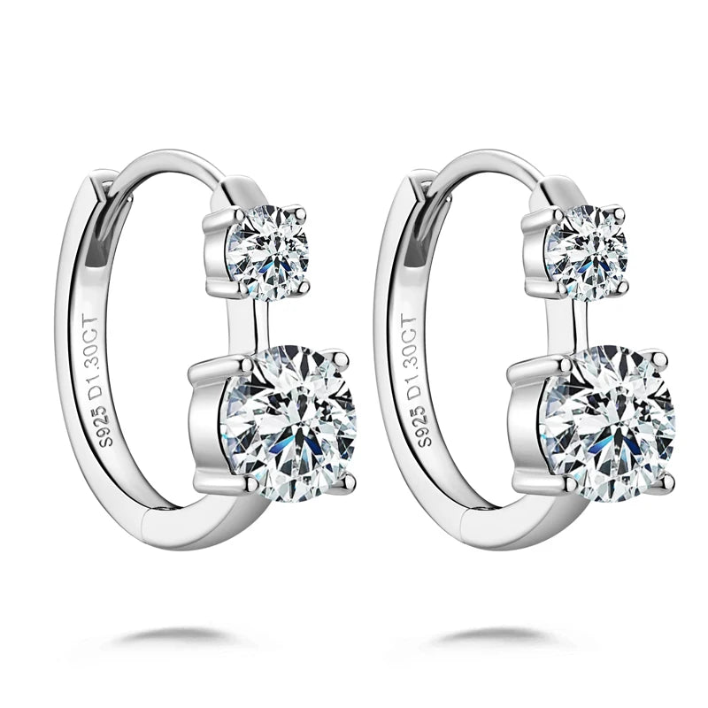 Graduated Two-Stone Moissanite Hoop Earrings in Sterling Silver — Silver hoop pair