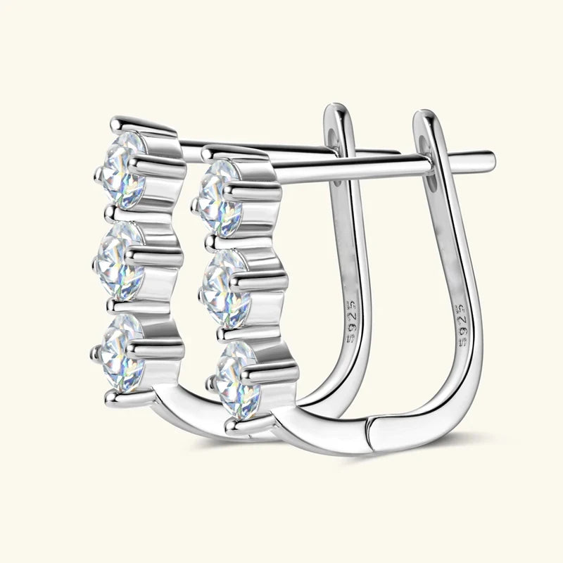 Moissanite Y Necklace & Three-Stone Hoop Earrings in Silver — Silver earring side view