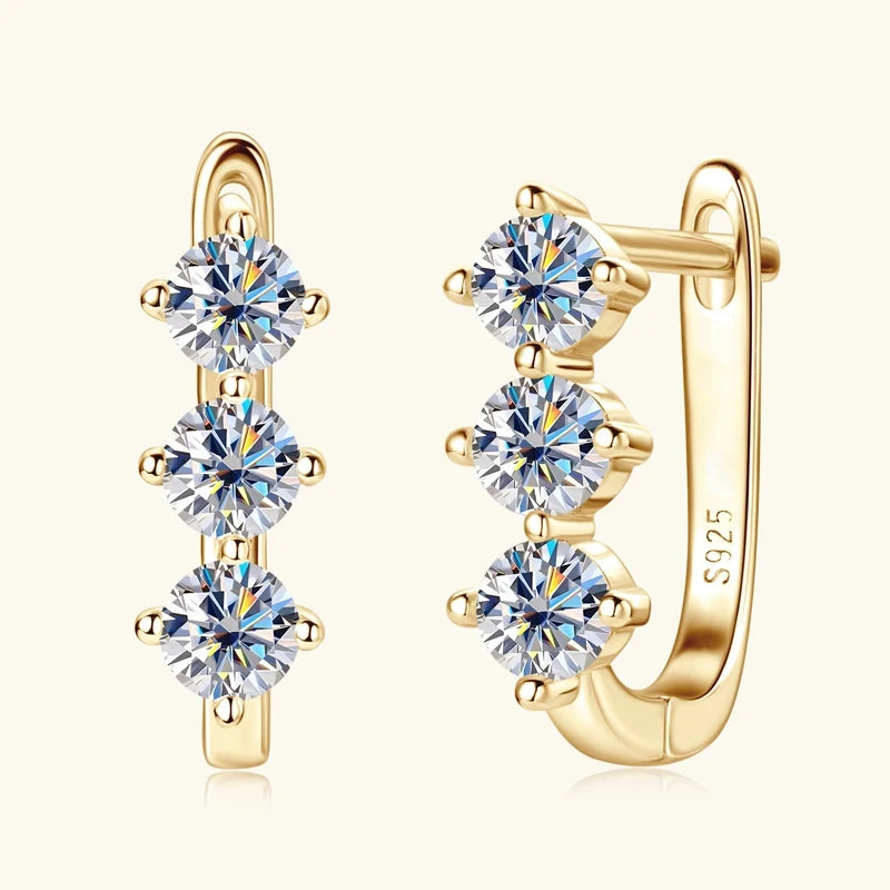 Moissanite Y Necklace & Three-Stone Hoop Earrings in Silver — Gold-tone angled hoops