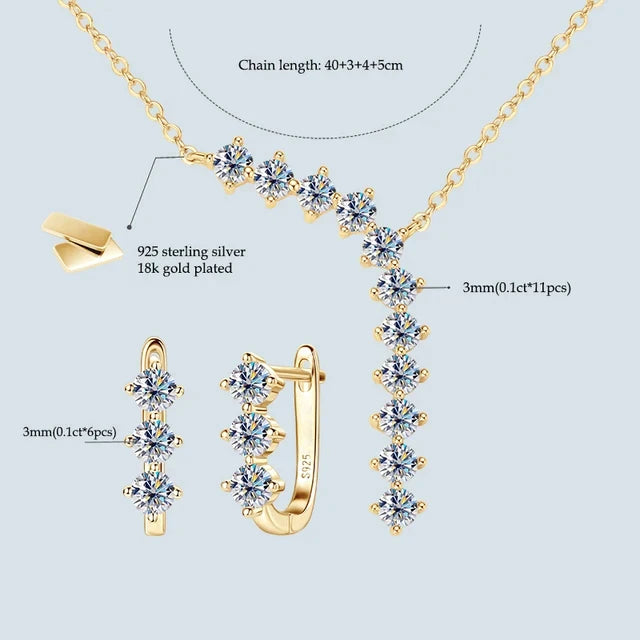 Moissanite Y Necklace & Three-Stone Hoop Earrings in Silver — Gold-tone set details