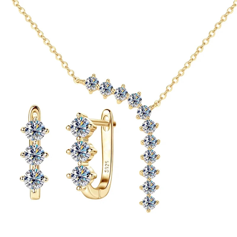 Moissanite Y Necklace & Three-Stone Hoop Earrings in Silver — Gold-tone set