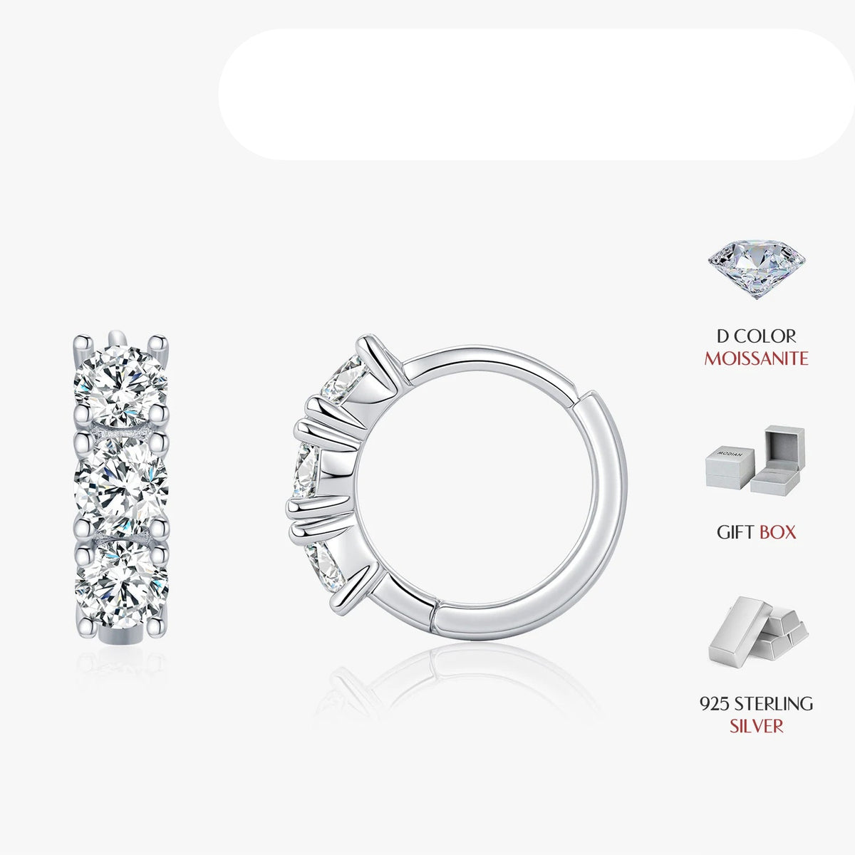 Round Moissanite Huggie Hoop Earrings in Sterling Silver — Hoop front and side views