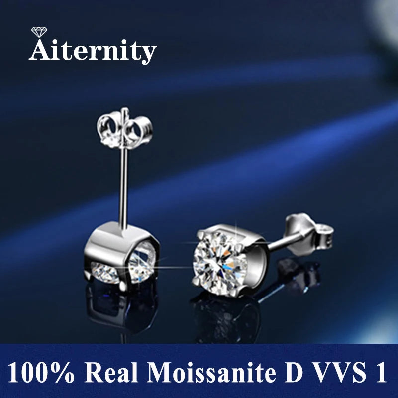 Moissanite Stud Earrings in Solitaire & Halo Silver Settings — Silver bezel setting