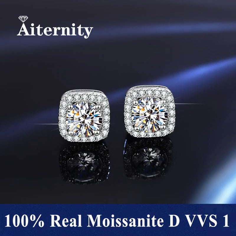 Moissanite Stud Earrings in Solitaire & Halo Silver Settings — Silver cushion halo
