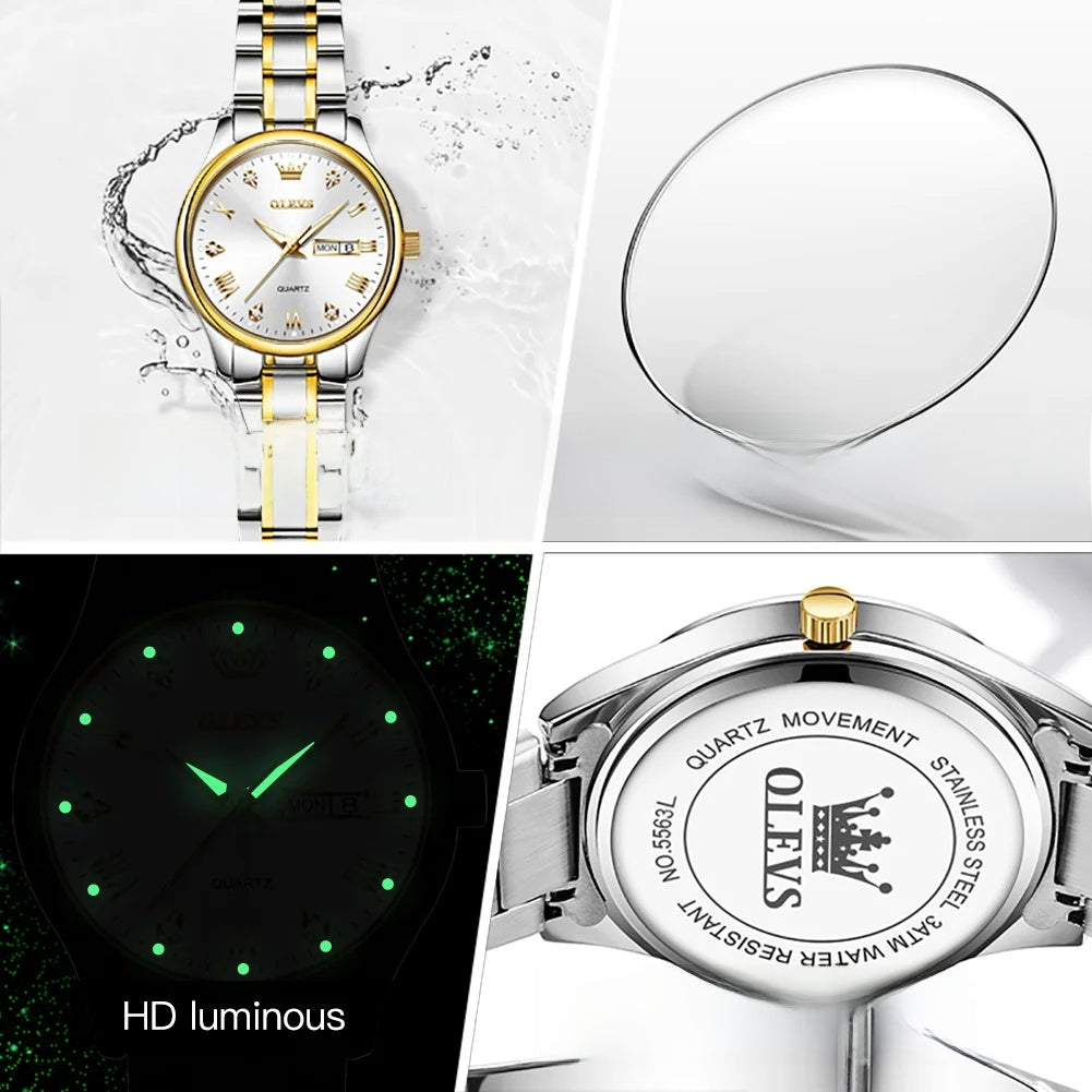 Women's 29mm Day-Date Stainless Steel Quartz Watch — Case back and luminous display details