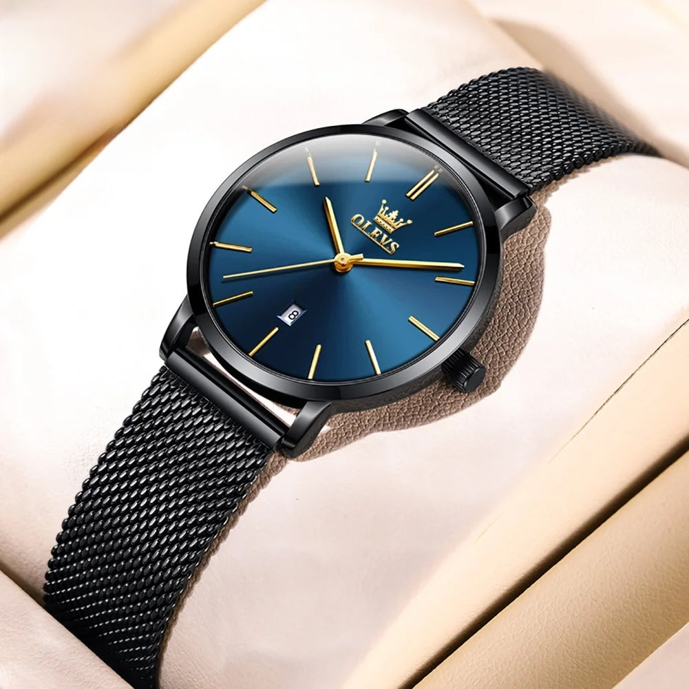 Women's Minimalist Mesh Date Quartz Watch — Black / Blue Dial — BandsCo Straps