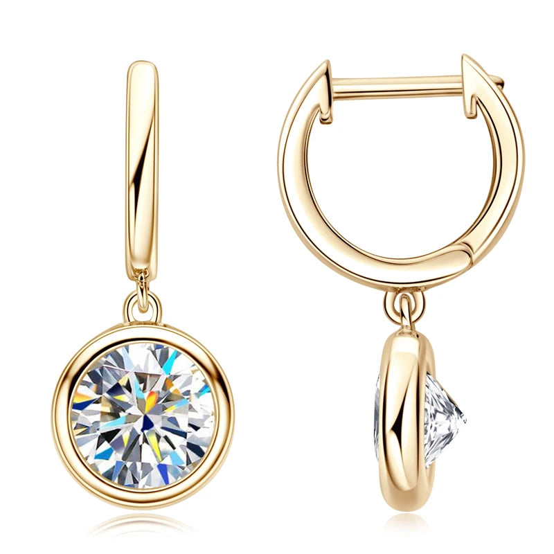 Bezel Moissanite Hoop Drop Earrings in 925 Sterling Silver — Gold-tone finish