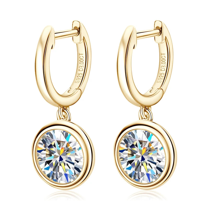 Bezel Moissanite Hoop Drop Earrings in 925 Sterling Silver — Gold-tone pair