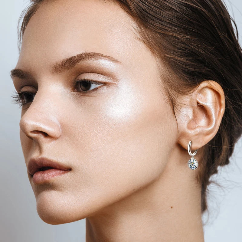 Bezel Moissanite Hoop Drop Earrings in 925 Sterling Silver — Worn view