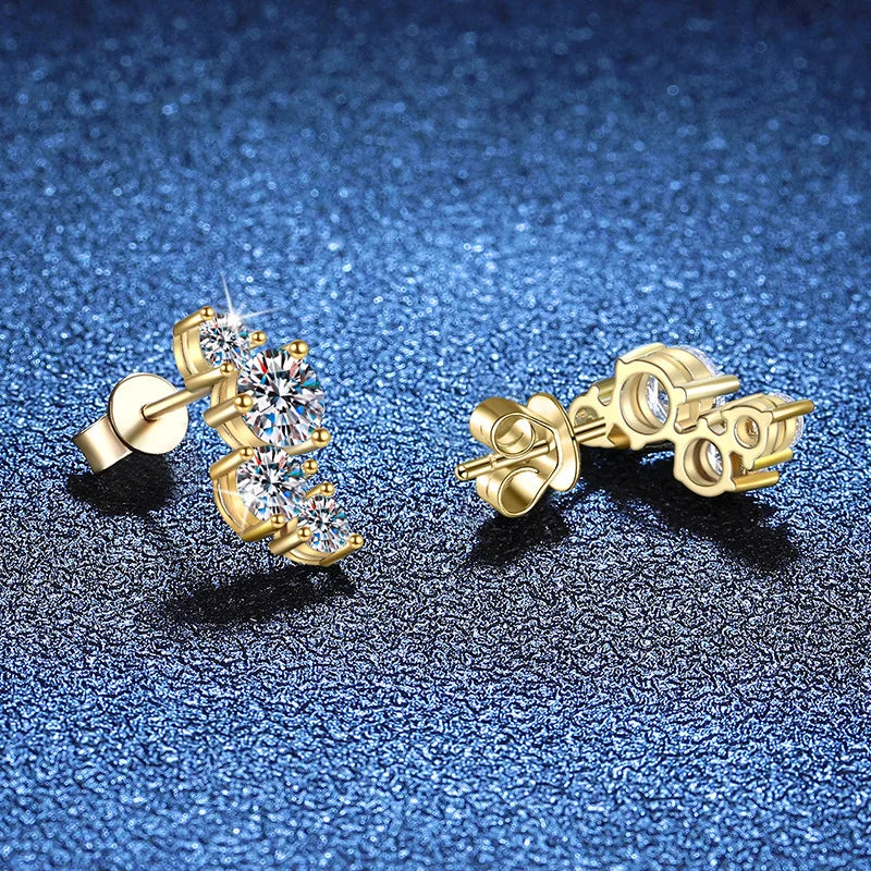 Gold-Plated Moissanite Cluster Curve Stud Earrings — Butterfly backs and curved settings — BandsCo Straps