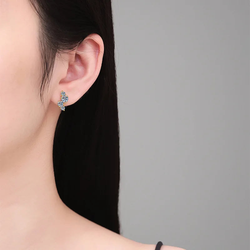 Gold-Plated Moissanite Cluster Curve Stud Earrings — Cluster stud worn on ear — BandsCo Straps