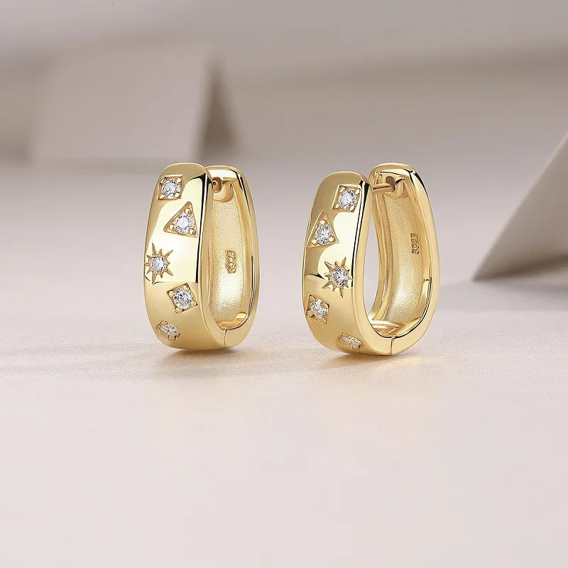 Gold-Plated Moissanite Celestial Hoop Earrings — Gold hoop earrings angled view — BandsCo Straps