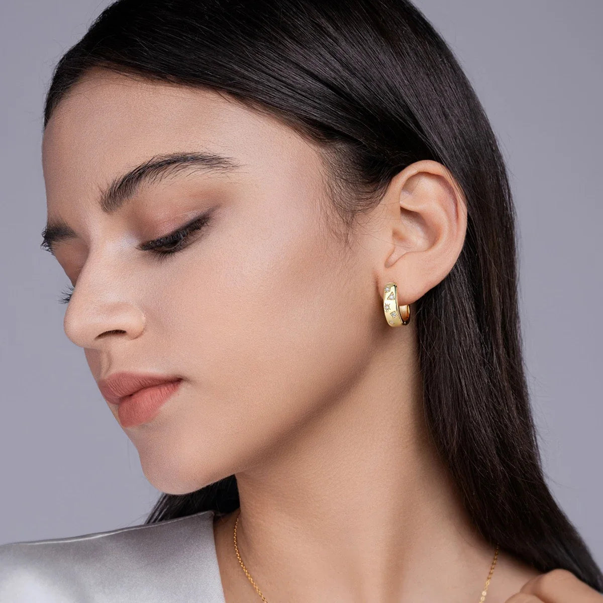 Gold-Plated Moissanite Celestial Hoop Earrings — Gold hoops worn on ear — BandsCo Straps