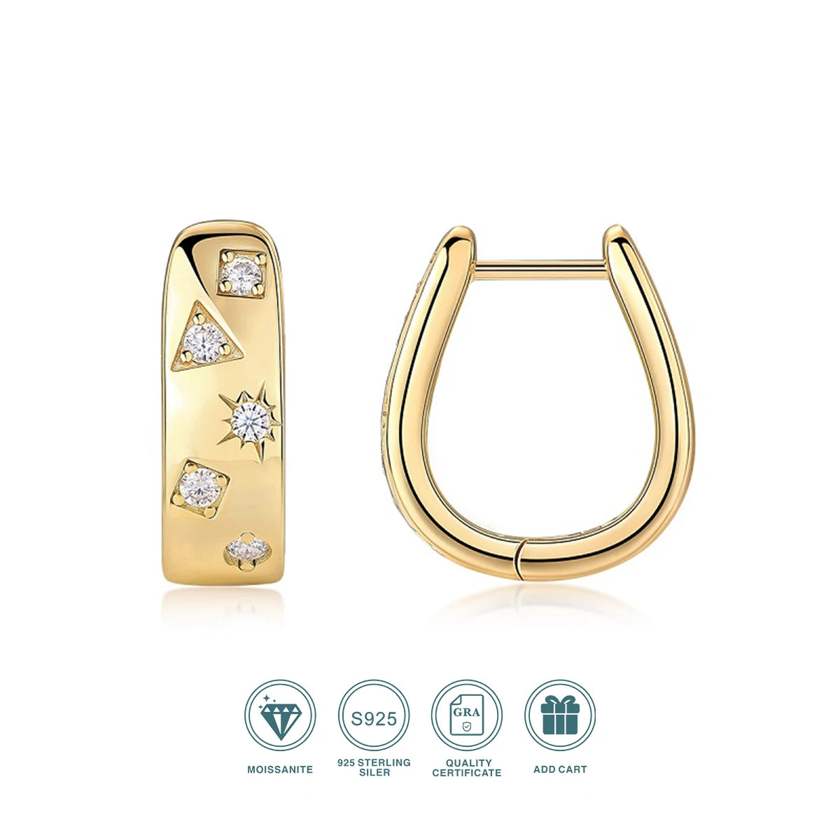 Gold-Plated Moissanite Celestial Hoop Earrings — Celestial hoop front and hinge — BandsCo Straps