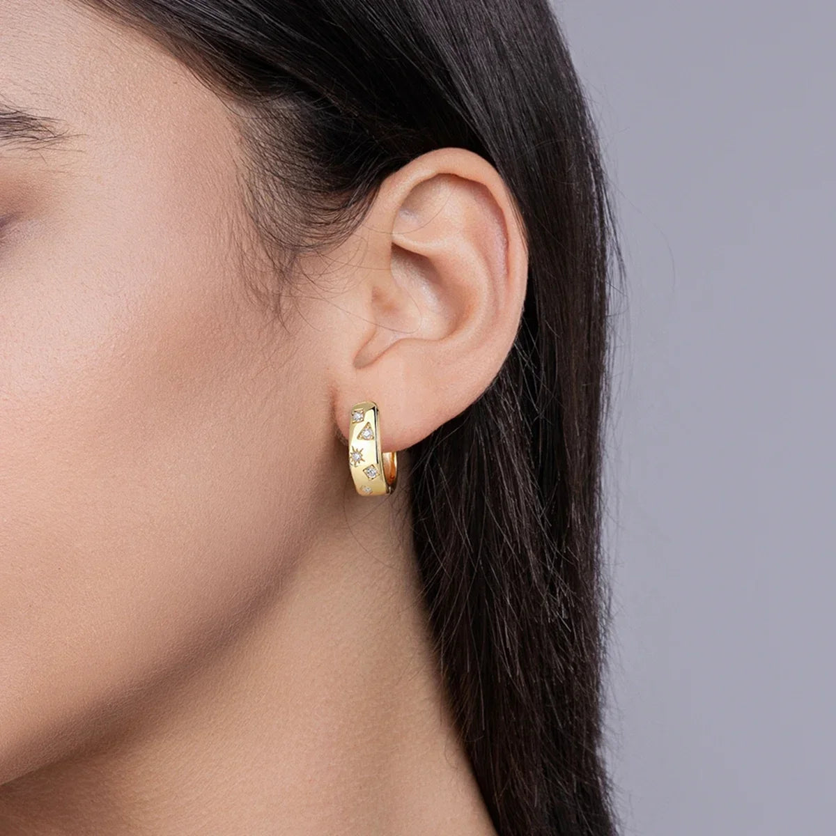 Gold-Plated Moissanite Celestial Hoop Earrings — Geometric hoop detail on ear — BandsCo Straps