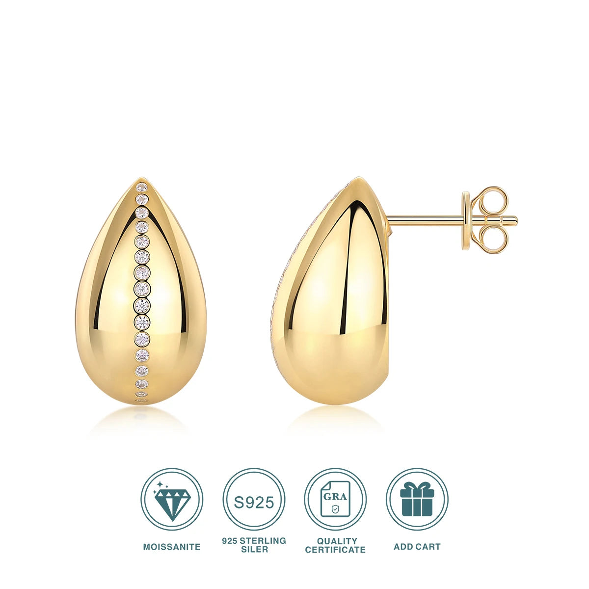 Gold-Plated Teardrop Moissanite Accent Stud Earrings — Teardrop front and side