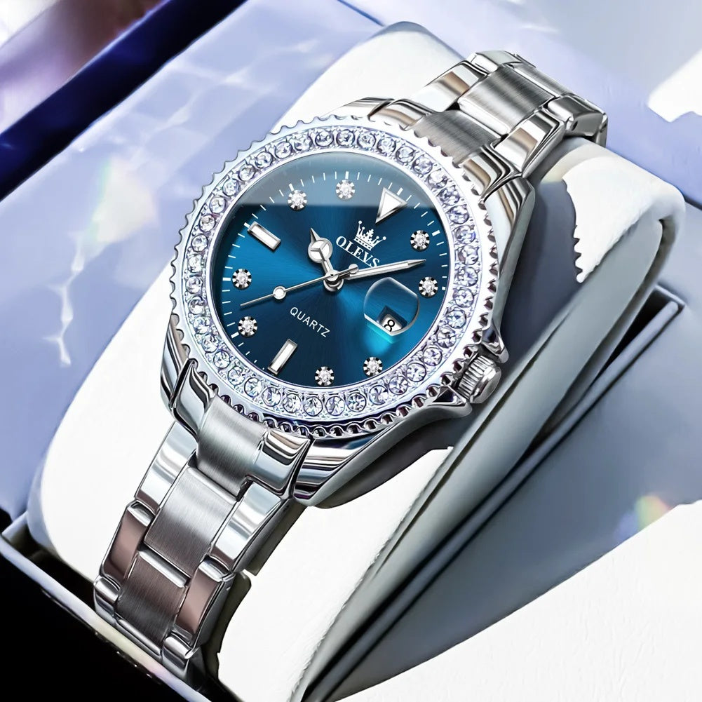 Women's Crystal Bezel Quartz Date Watch — Silver Bracelet / Blue Dial — BandsCo Straps