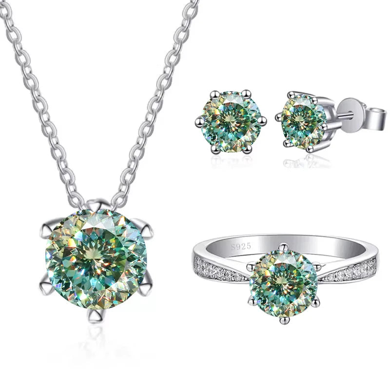 Colored Moissanite Necklace, Stud Earrings & Pavé Ring Set — Green 100-facet cut set
