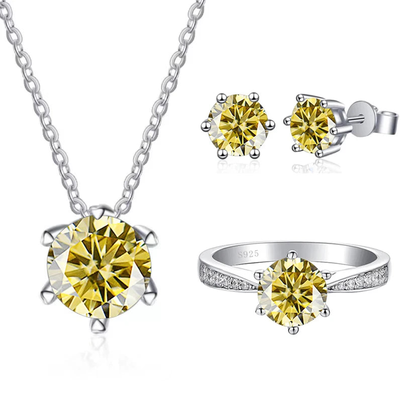 Colored Moissanite Necklace, Stud Earrings & Pavé Ring Set — Lemon yellow set