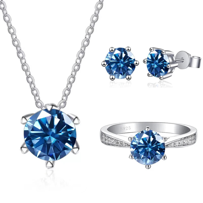 Colored Moissanite Necklace, Stud Earrings & Pavé Ring Set — Royal blue set