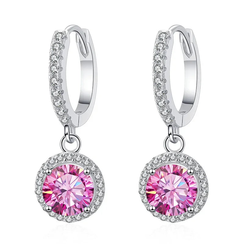 Colored Halo Moissanite Hoop Drop Earrings in Silver — Pink