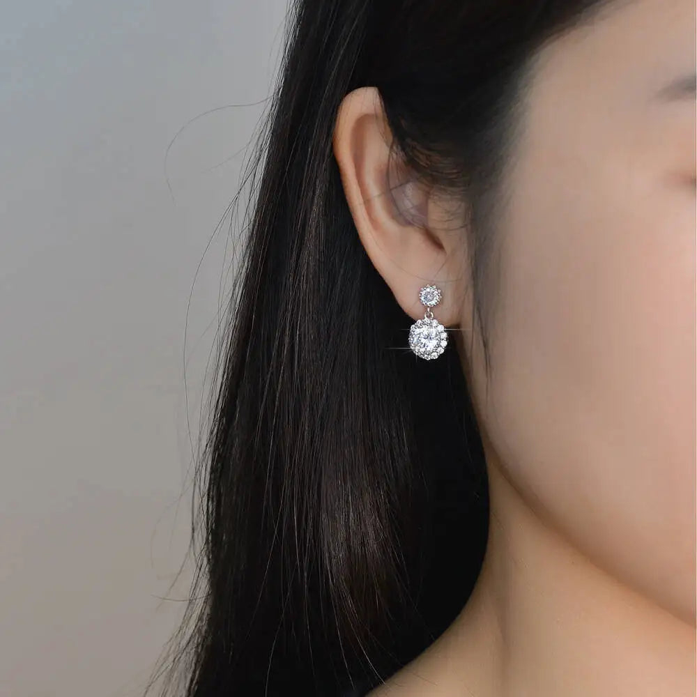 Moissanite Halo Drop Earrings in 925 Sterling Silver — Halo earrings worn on ear — BandsCo Straps